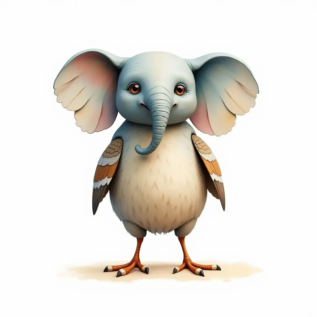 a fantastic animal with the head of an elephant and the body of a sparrow. White background, vibrant watercolor, 3D