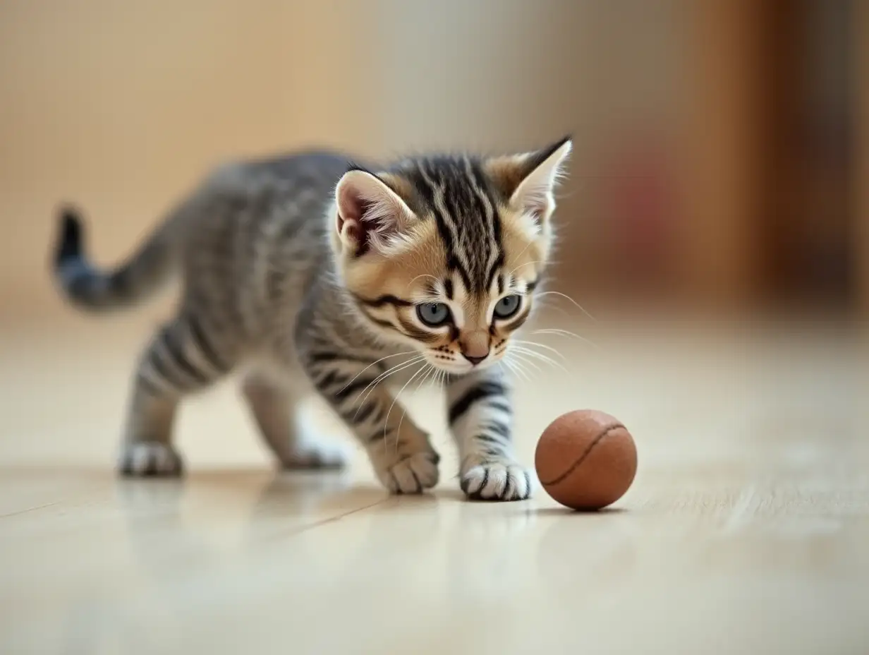 An adorable kitten playing a small ball