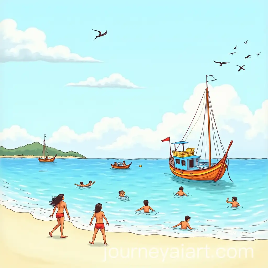 Colorful-Boat-on-Beach-with-Birds-in-Sky-and-Swimmers-in-the-Ocean