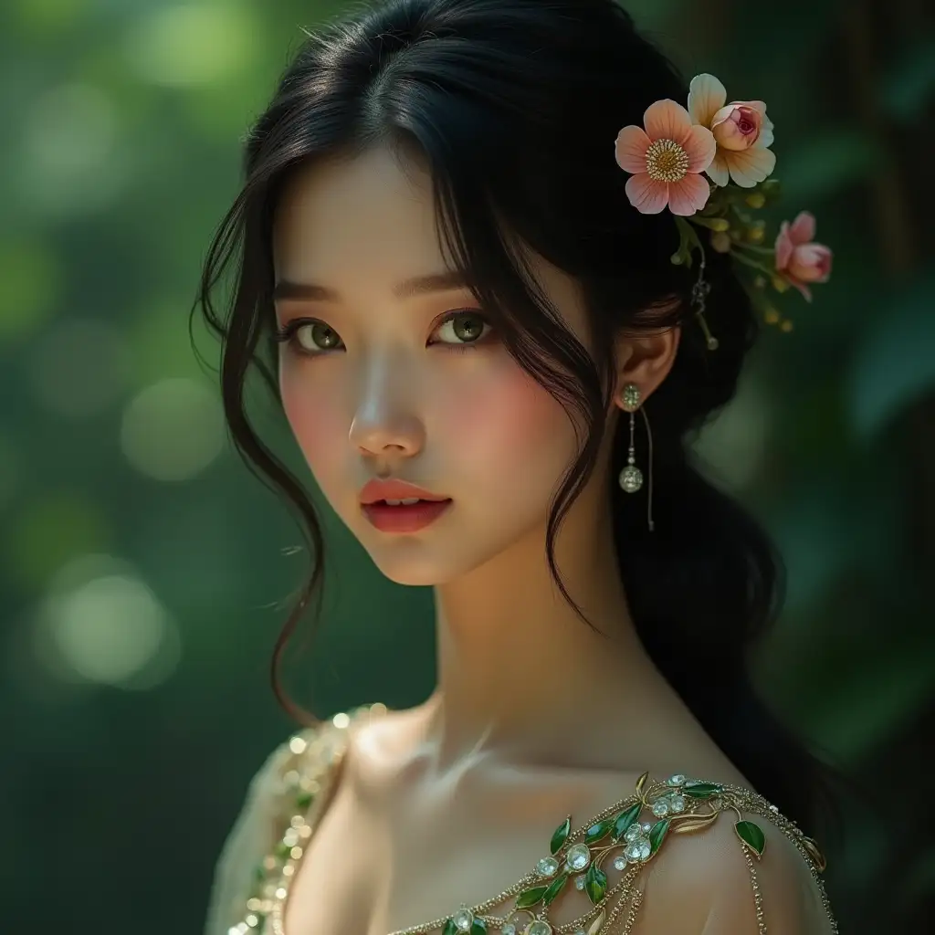 a very beautiful portrait of a woman with green eyes and dark black hair, she is of Asian descent, she wears a bejeweled dress with enameled glass flowers, and in her hair, are more flowers, the background is blurry but features a faint scene of a green jungle, beauty, natural beauty, 8k resolution, portrait of young woman, close-up