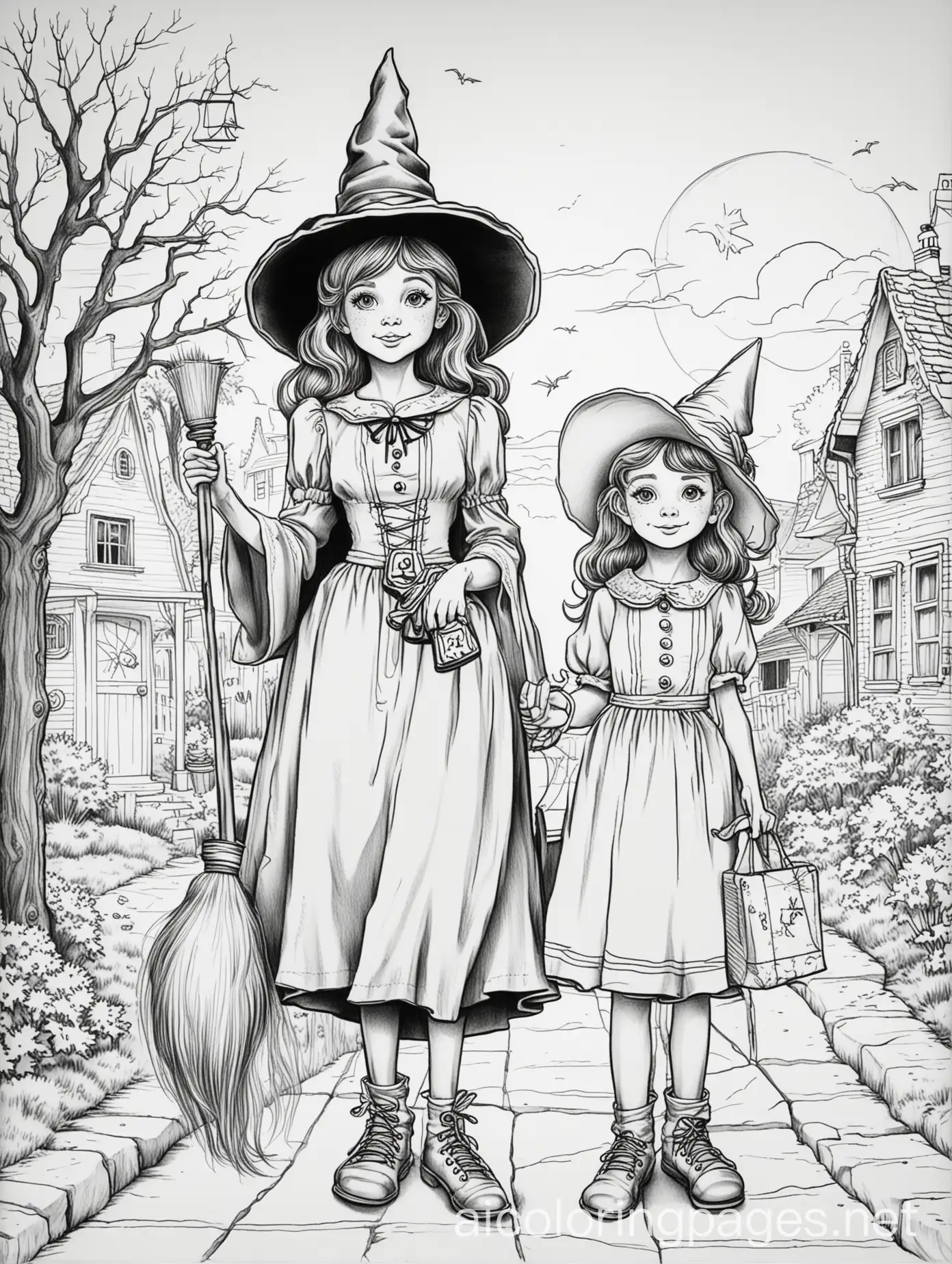 Witch-Sisters-TrickorTreating-Halloween-Coloring-Page