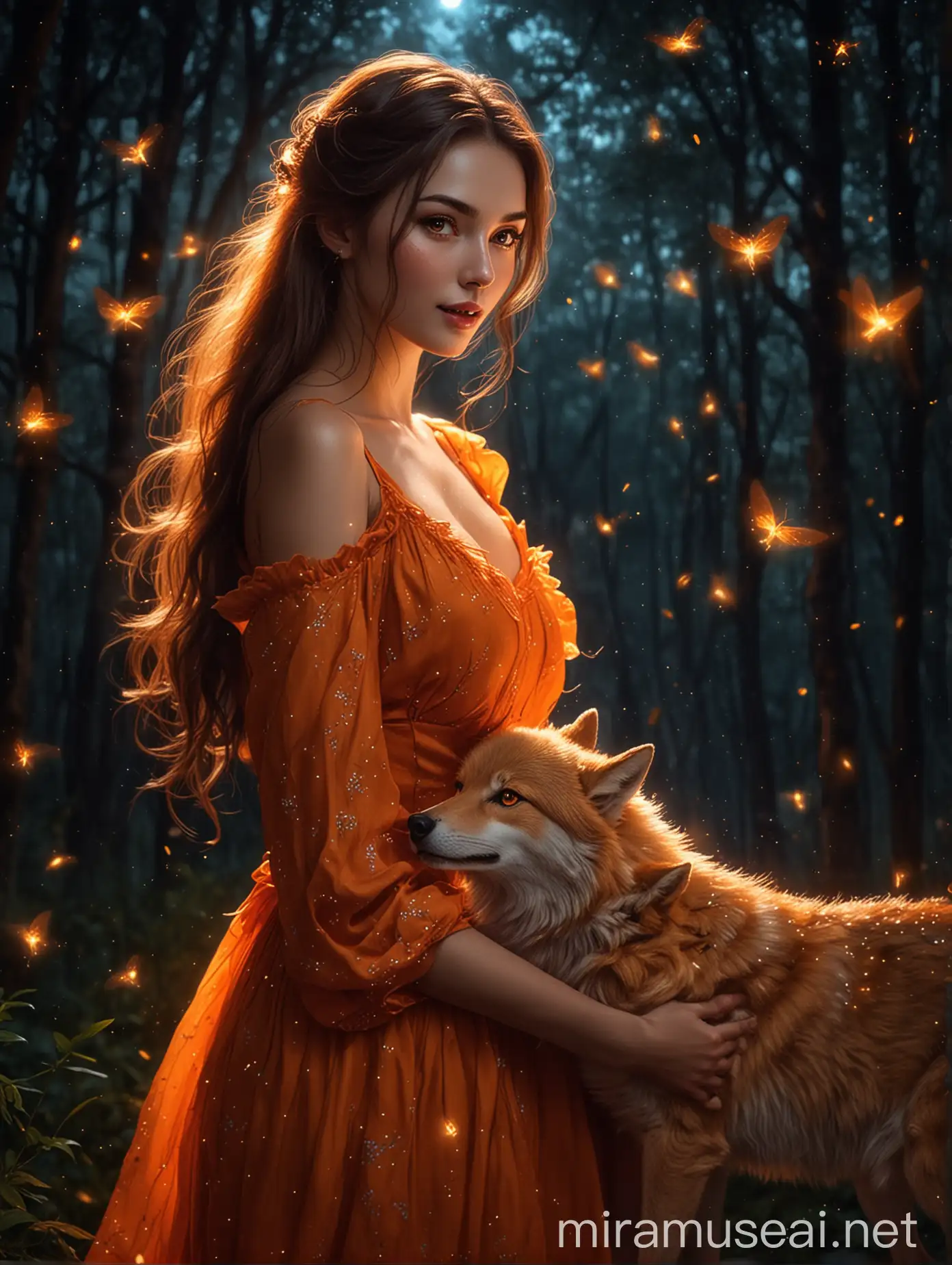 Lady in Orange Dress Holding Glowing Wolf at Night with Fireflies