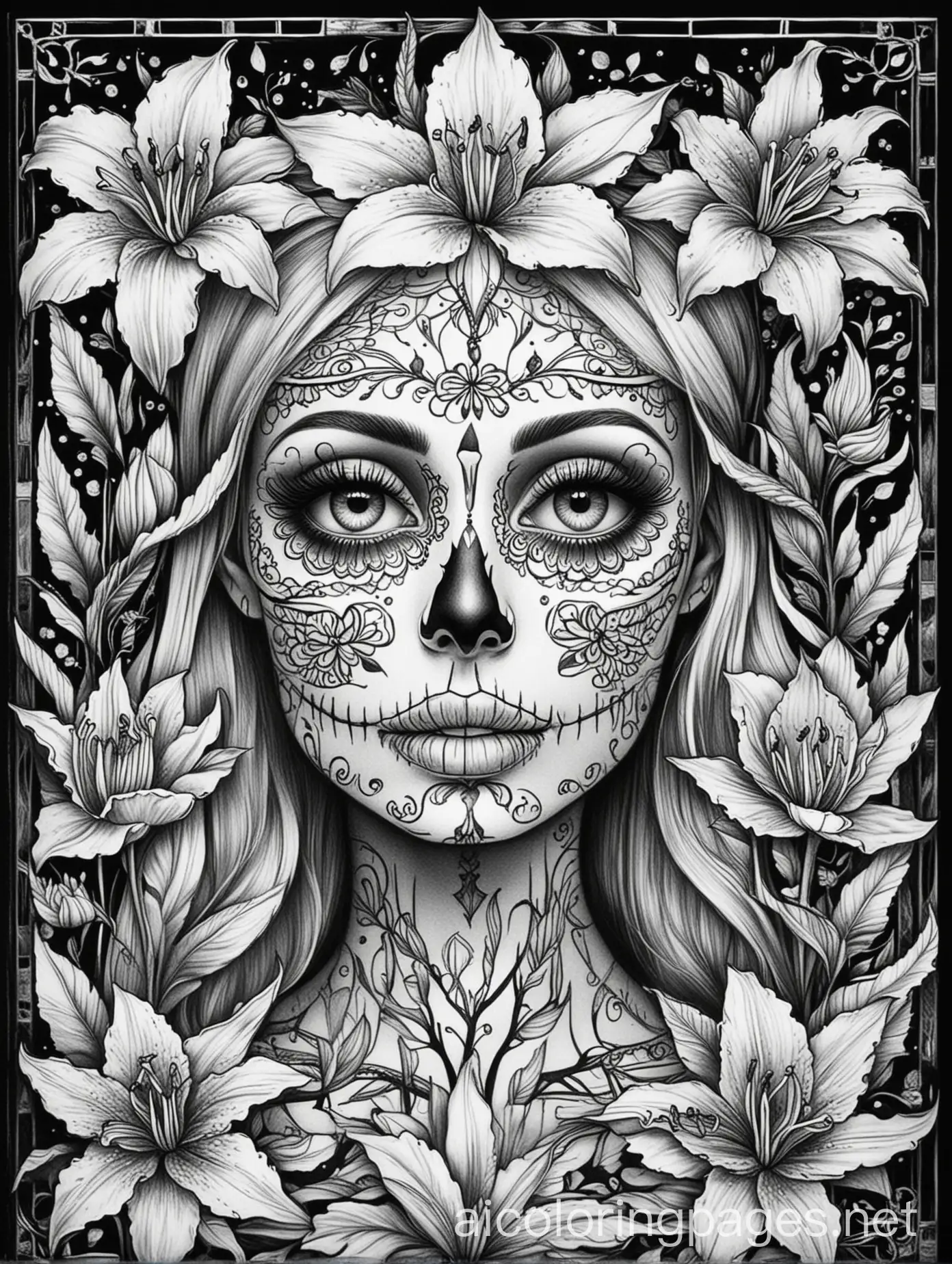 Day-of-the-Dead-Skeleton-Coloring-Page-with-Lily-Flowers-Pattern