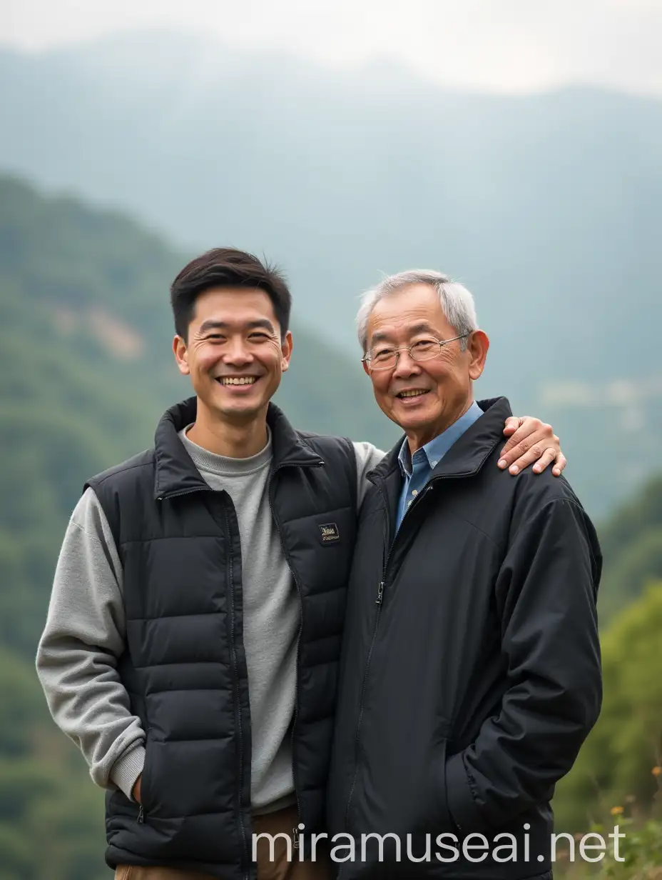 Chinese Father and Son Smiling in Scenic Landscape