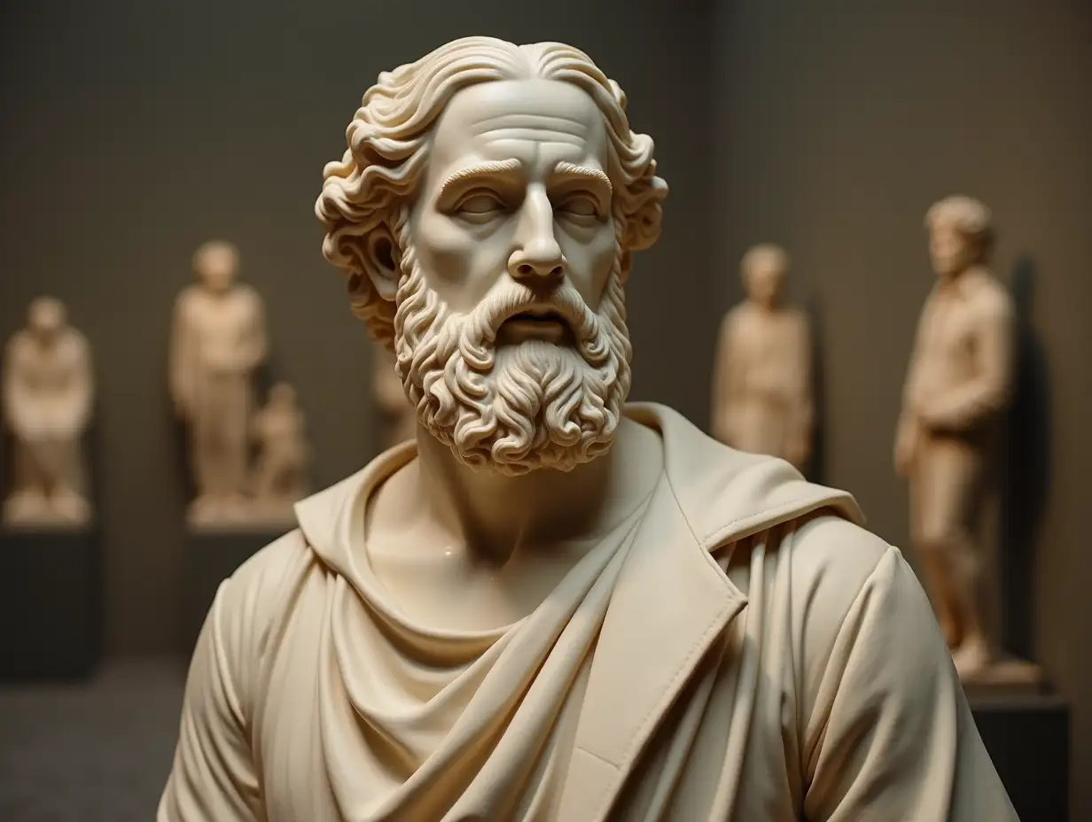 Antique marble sculpture of a bearded man in a museum exhibit setting