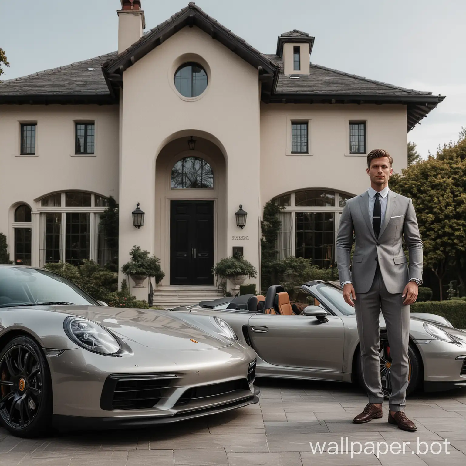 ash color Porsche car in front of luxury house with a man in a suit