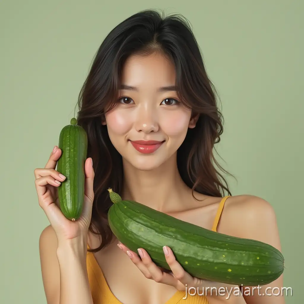Young-Asian-Woman-Holding-a-Large-Cucumber-in-Realistic-Studio-Setting