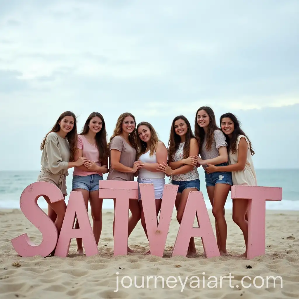 Group-of-Six-Girls-on-Beach-Hugging-Letters-of-SATVAT