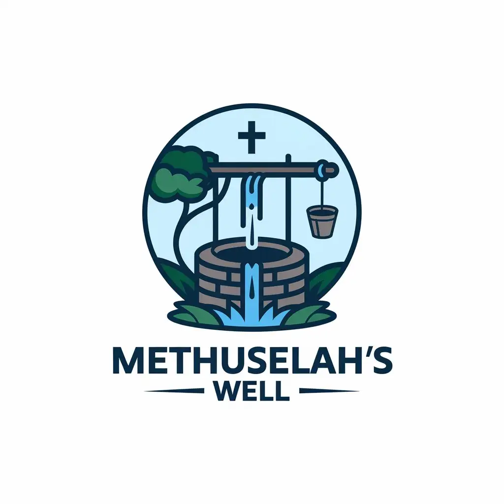 LOGO Design for Methuselahs Well Water Well with Cross Tree and Bucket in Circular Design