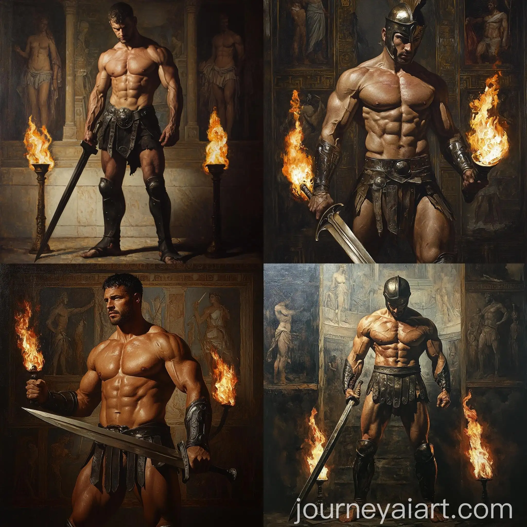 Hyperrealistic-Spartan-Warrior-Oil-Painting-with-Flaming-Torches-and-Ancient-Greek-Background