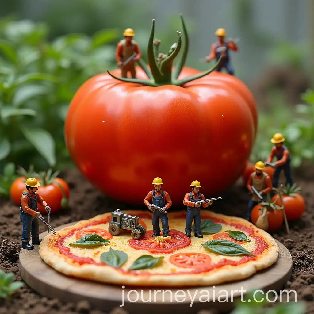 Miniature-Workers-Using-Heavy-Machinery-to-Build-on-a-Giant-Tomato-and-Prepare-Pizza