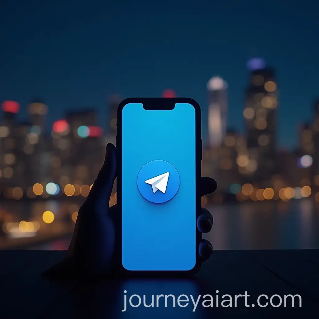 Mobile-Phone-DisplayingAI-Art-Prompt-Expansion-3D-Telegram-Logo-with-Night-City-Background