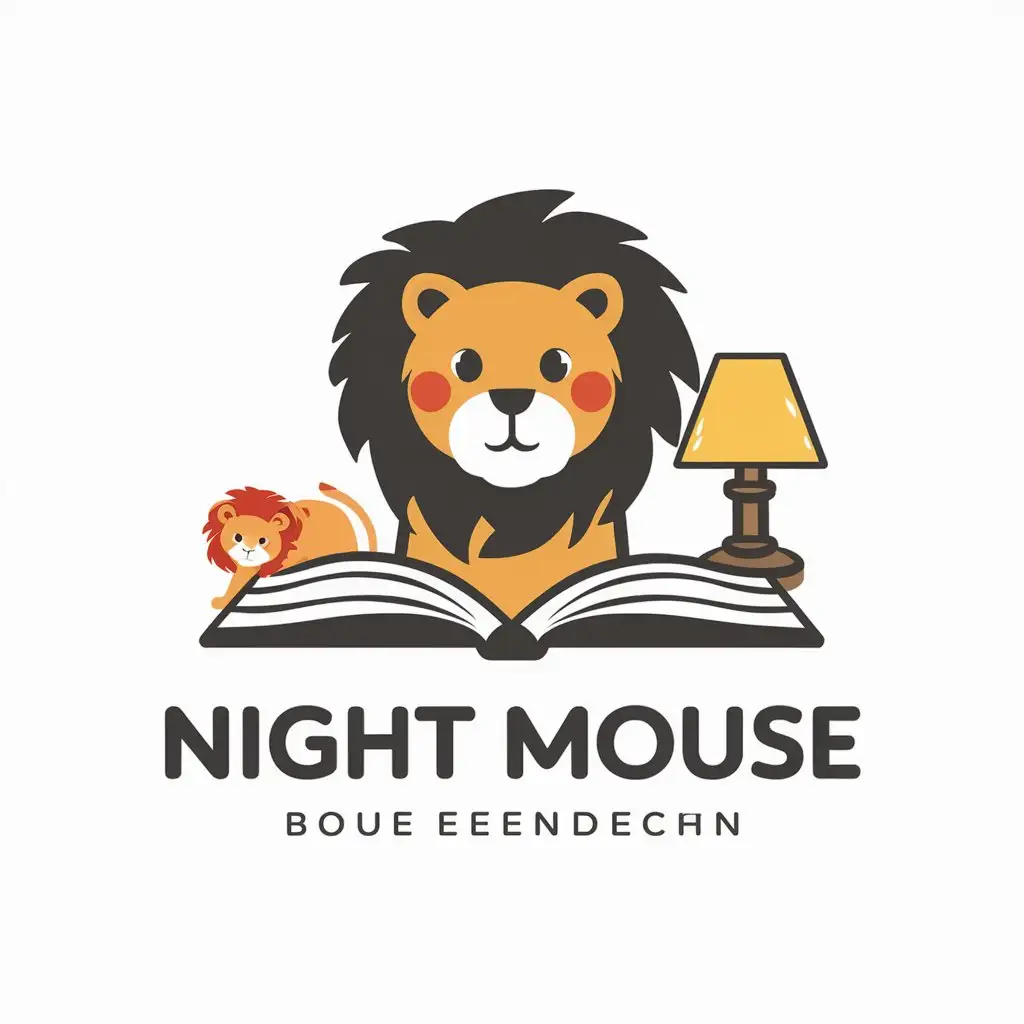 LOGO-Design-for-Night-Mouse-Elegant-Lion-Open-Book-and-Table-Lamp-Theme