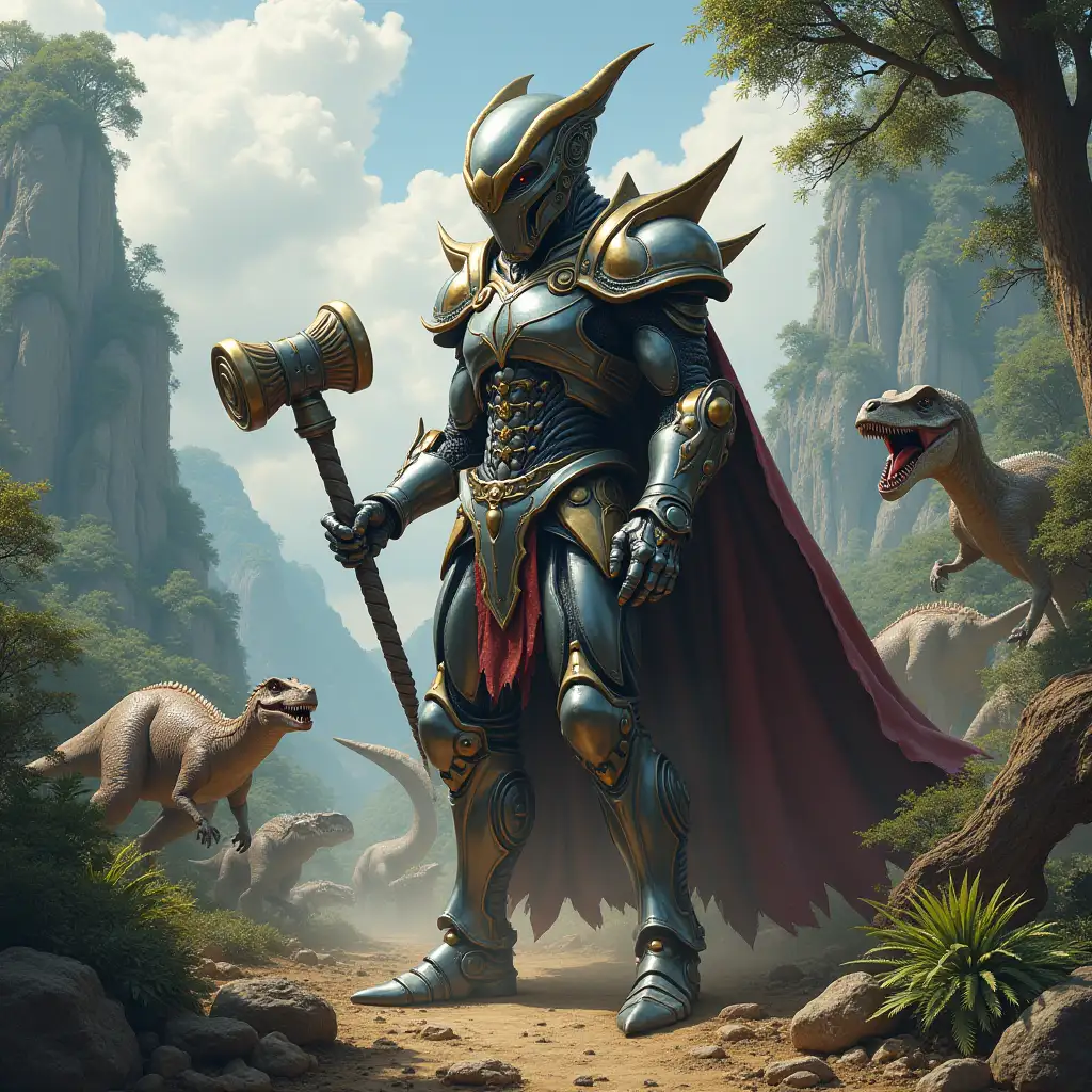 Hyperrealistic portrait of a 10 meter tall armored metal alien king with a hammer in his hand on an island with many various dinosaurs, intricately detailed, colorful forested planet background