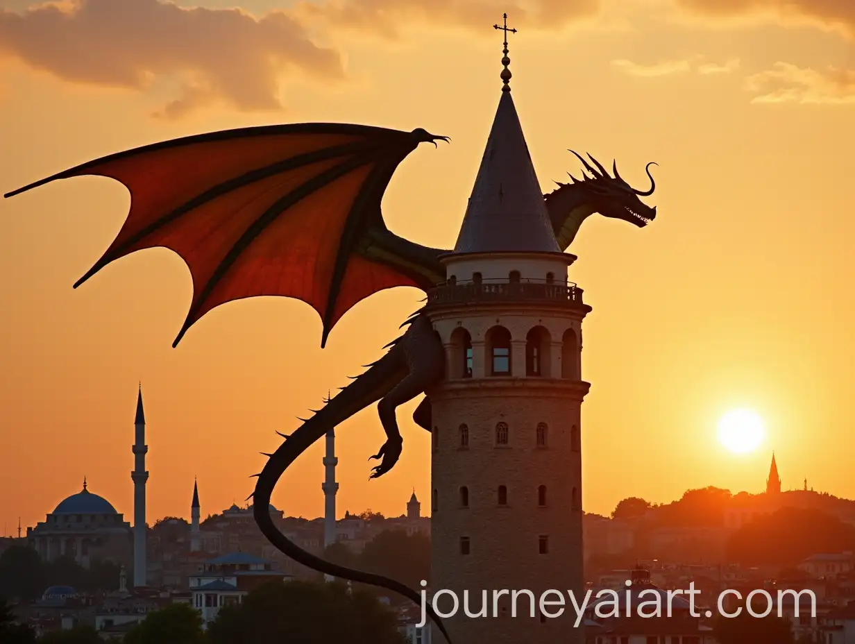 Majestic-Dragon-Perched-on-Galata-Tower-at-Sunset-in-Istanbul