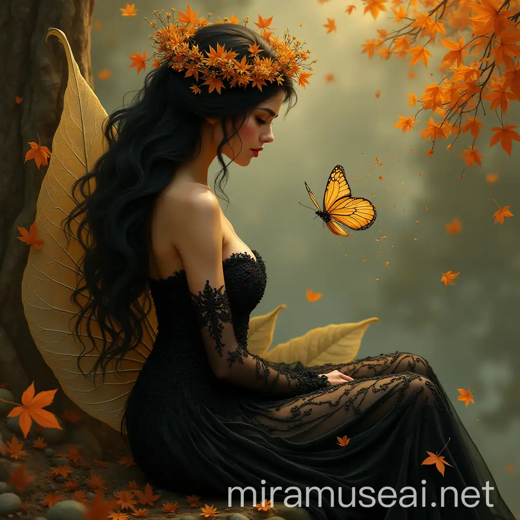 Elegant Autumn Queen Sitting on Giant Leaf Fantasy Illustration