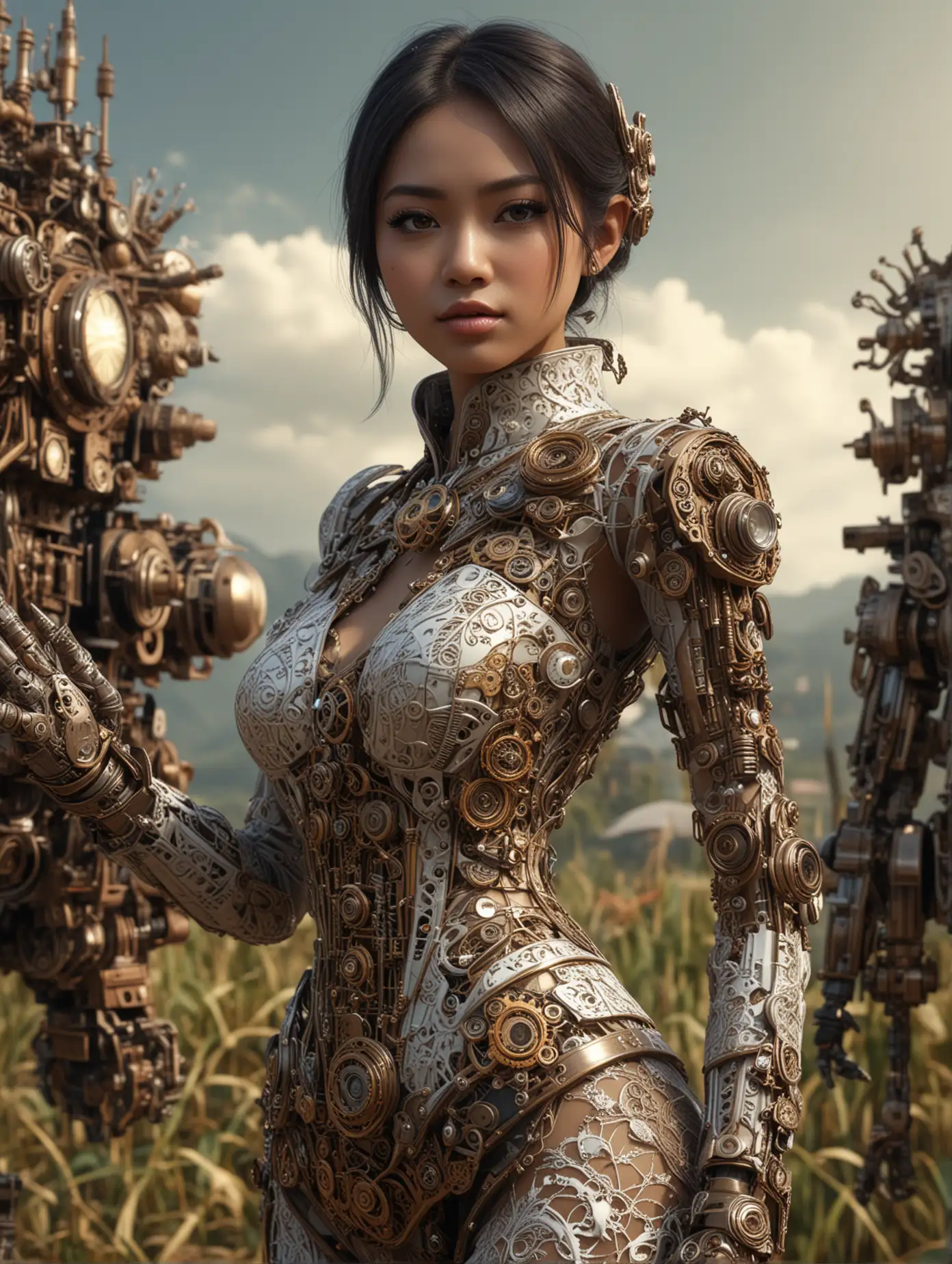 (steampunk atmosphere, a stunning realistic girl (indonesian) wearing kebaya mecha musume aesthetic, adorned in intricate cyber gogle, fractal, 32k UHD high resolution, highres, professional photography, intricate details, masterpiece, perfect anatomy, cinematic angle , cinematic lighting, (dynamic warrior pose:1), (slender fingers) (proportional hands) (realistic perspectives) (extreme realistic) standing in the middle of indonesian race fields