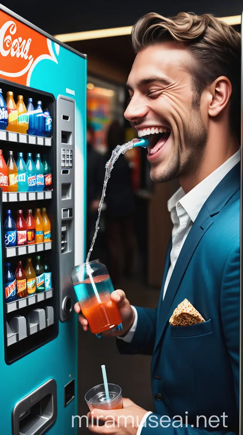 Man Laughing While Taking a Drink from Vending Machine