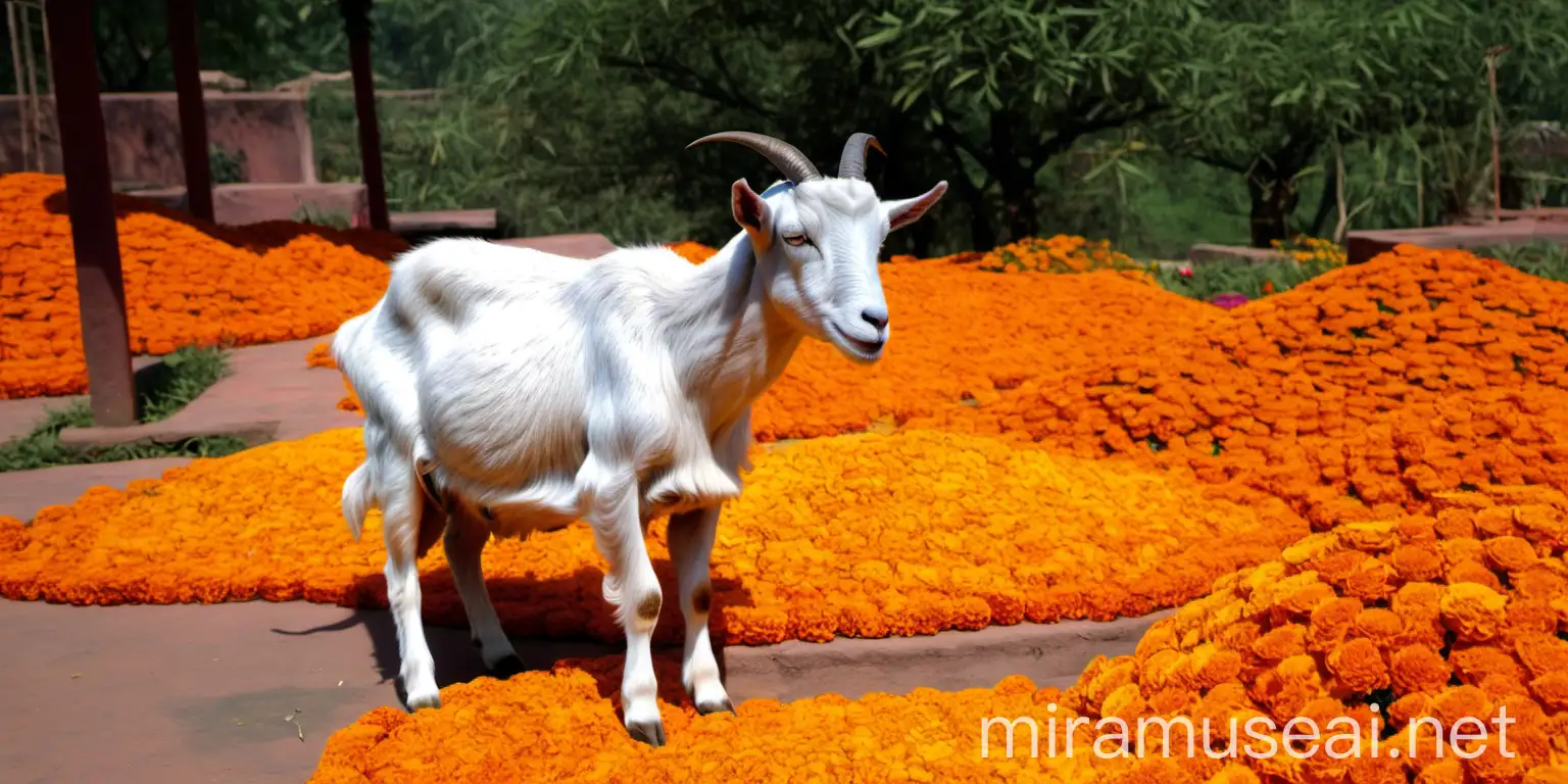 Goat in a Marigold Flower Garden at an Indian Hindu Ashram