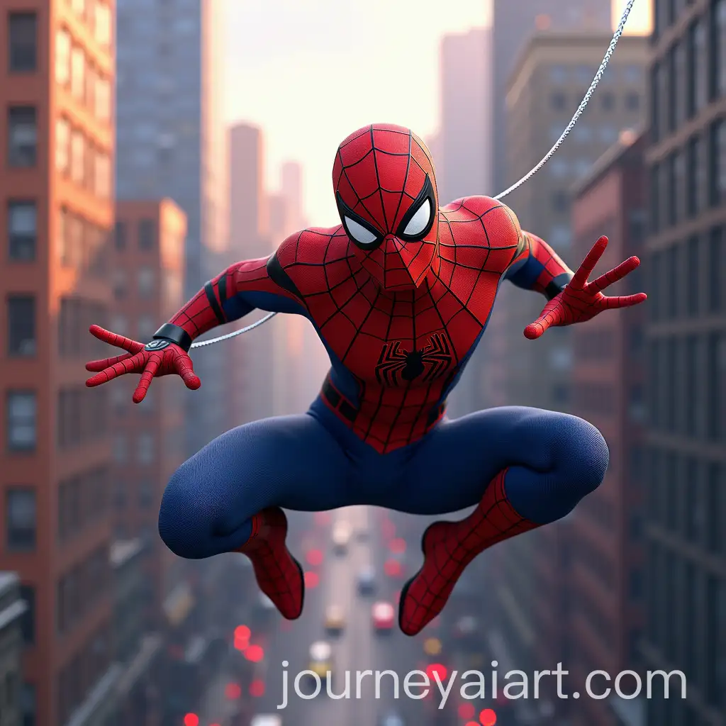 Spiderman-Swinging-Through-City-in-Across-the-SpiderVerse-Art-Style