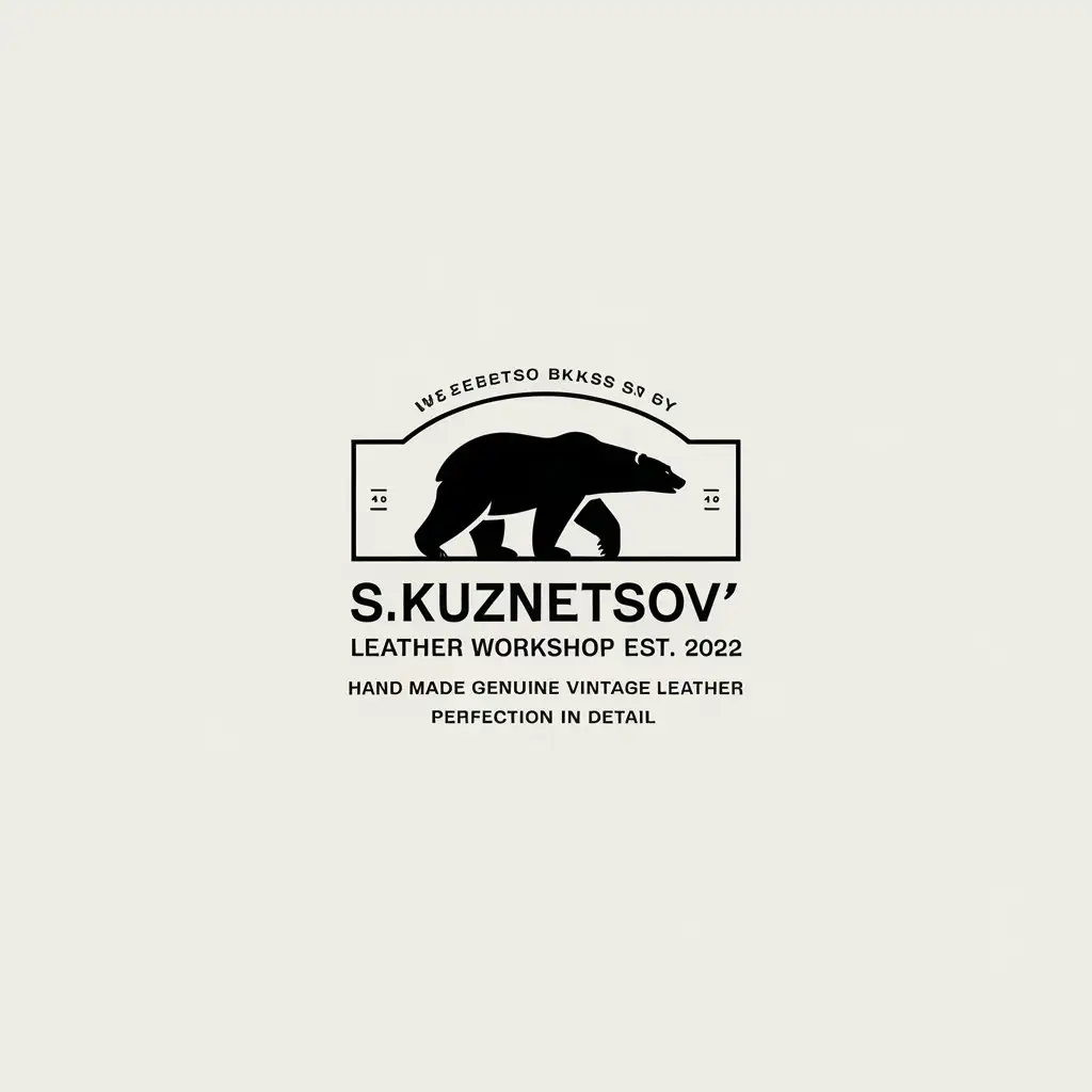 a vector logo design,with the text "S.Kuznetsov's leather workshop est. 2022 hand made genuine vintage leather perfection in detail", main symbol:polar bear walking to the right all images and text - in a rectangle,Minimalistic,be used in leather craft industry,clear background