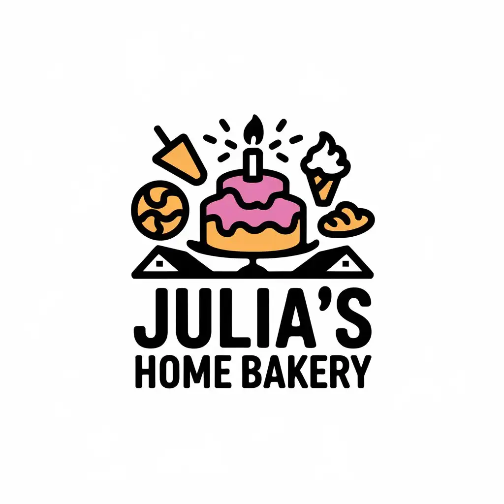 a vector logo design,with the text "Julia's home bakery", main symbol:Cake, pastry, house, ice cream,complex,be used in Home Family industry,clear background