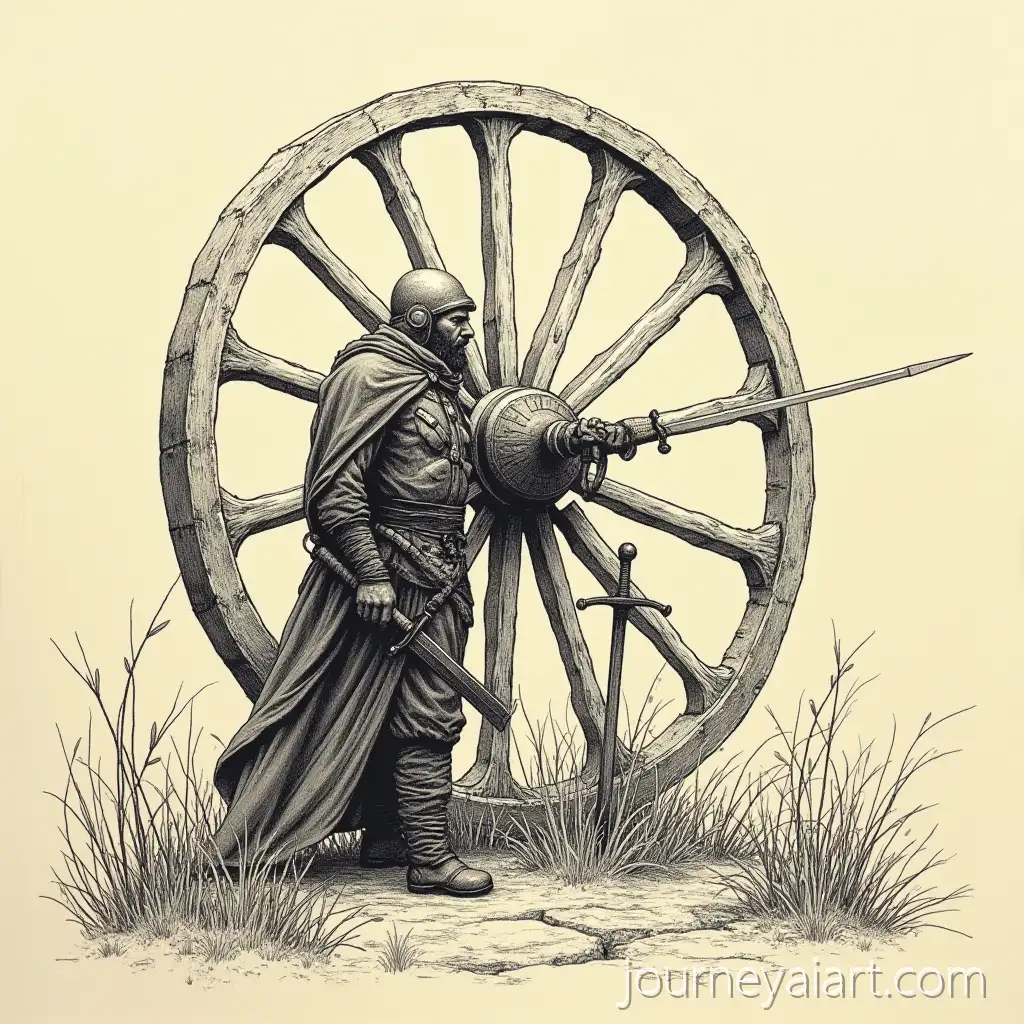 Warrior-Returns-Home-to-Encounter-Leonardo-Da-VinciInspiredAI-Image-Prompt-Expansion-Ink-Sketch-of-Old-Wheel
