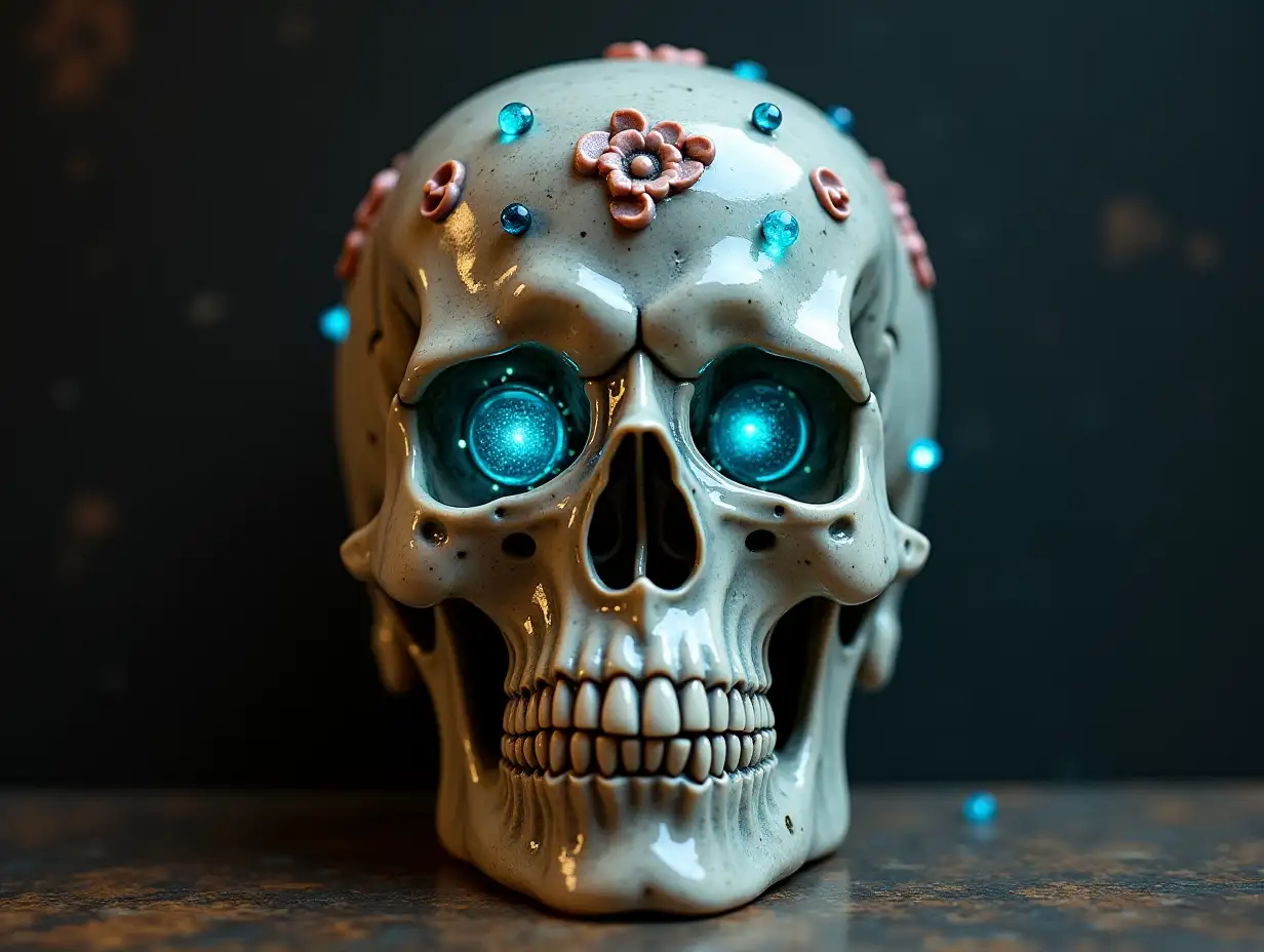 Cyber Totenkopf mit Glasaugen, Porcelain with glowing ornaments Steampunk 100 mm Capture