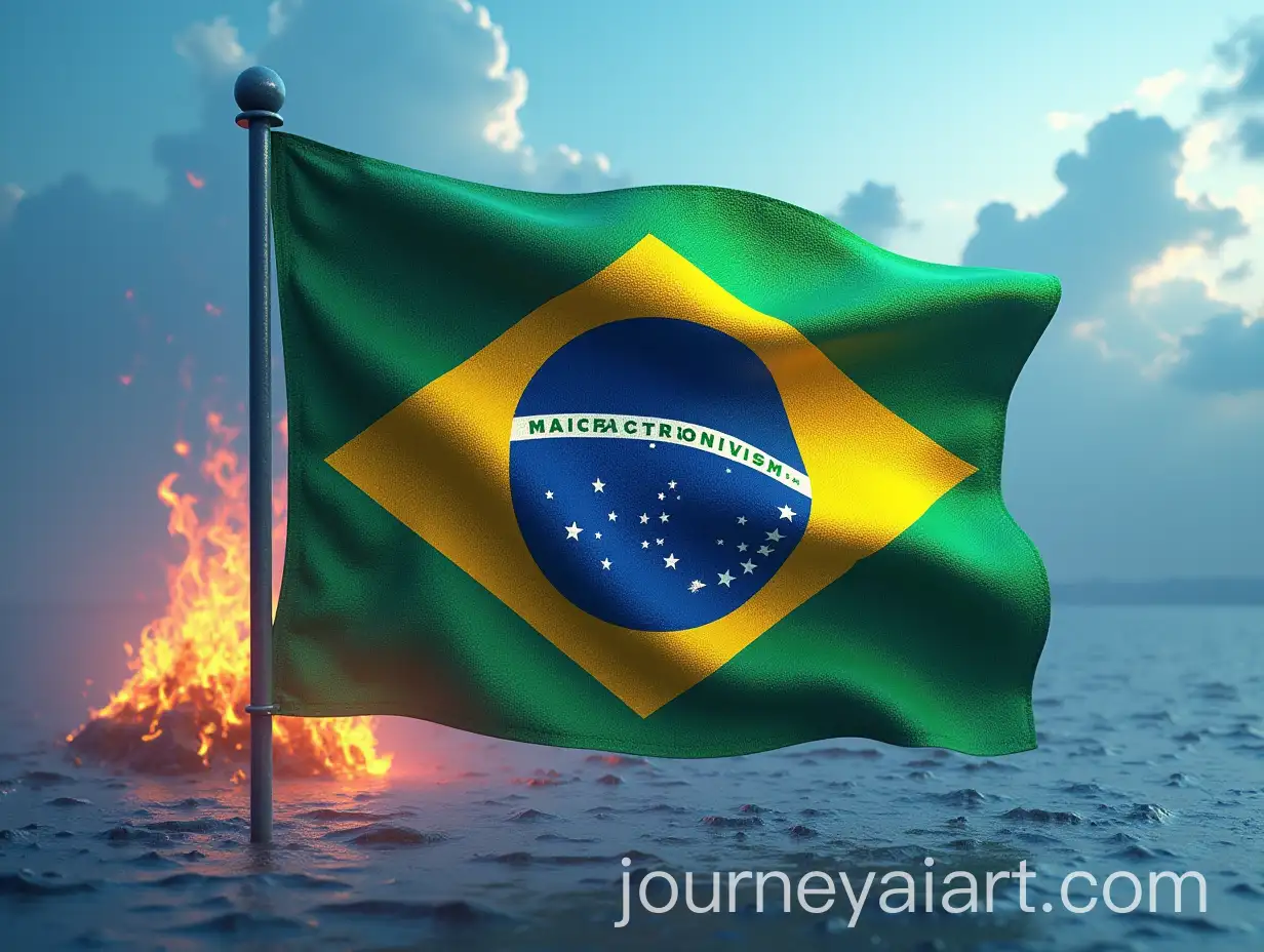 3D-Brazilian-Flag-with-Flames-and-Communist-Symbol-Against-Blue-Sky