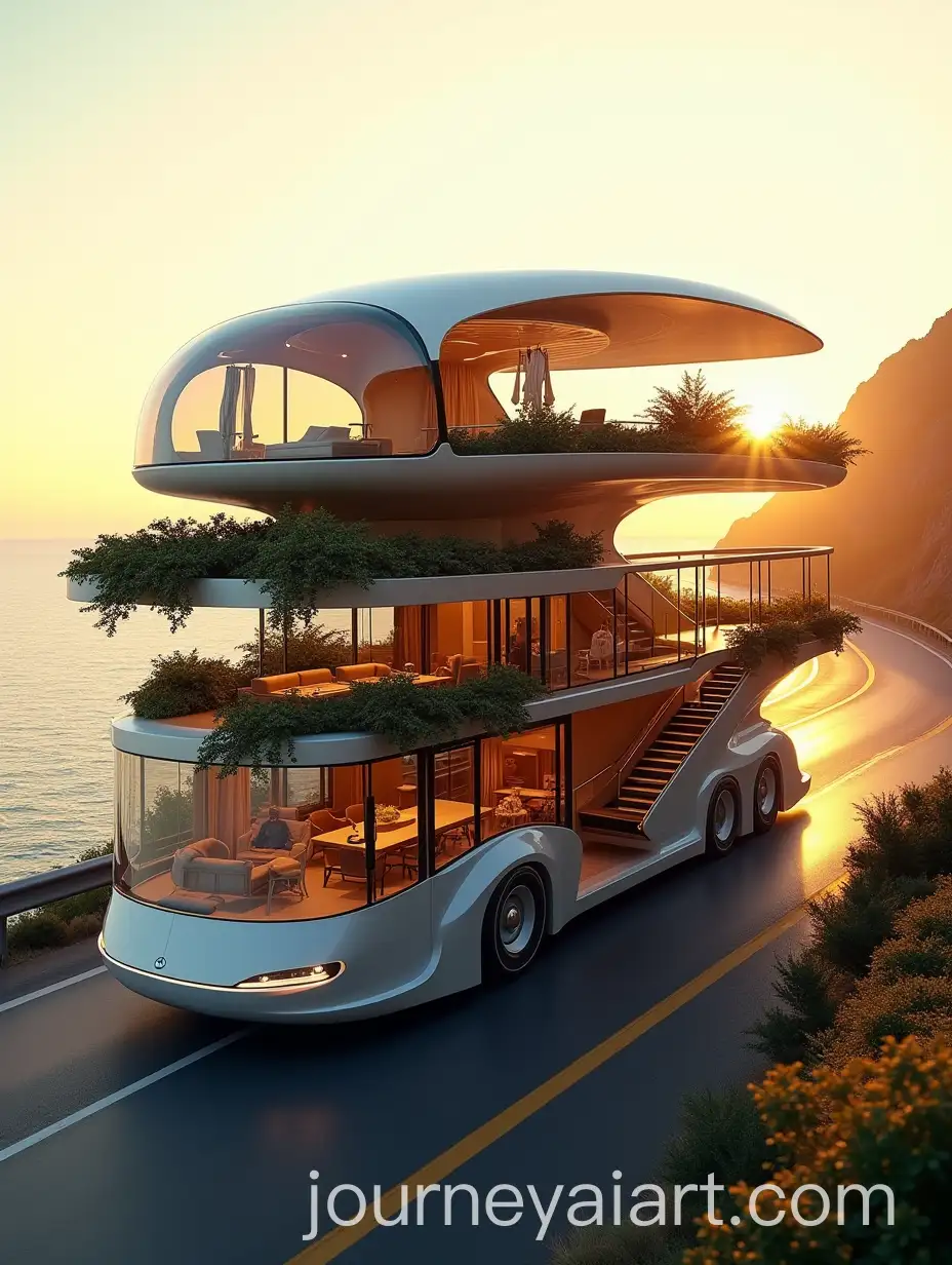Futuristic-MultiStory-Bus-on-Coastal-Highway-at-Sunset