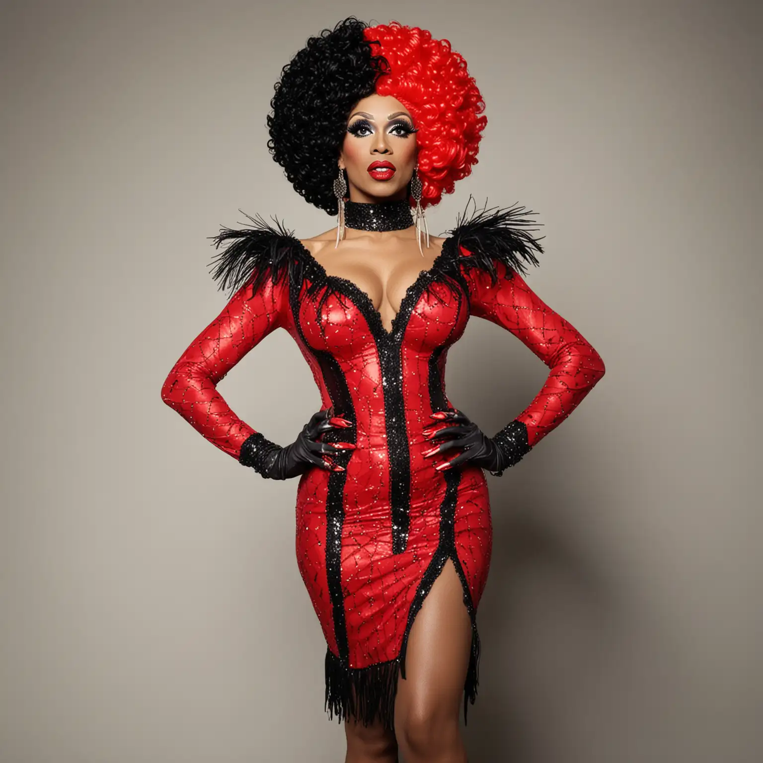 Colorful Black Drag Queen in Red and Black Costume with Blonde Wig