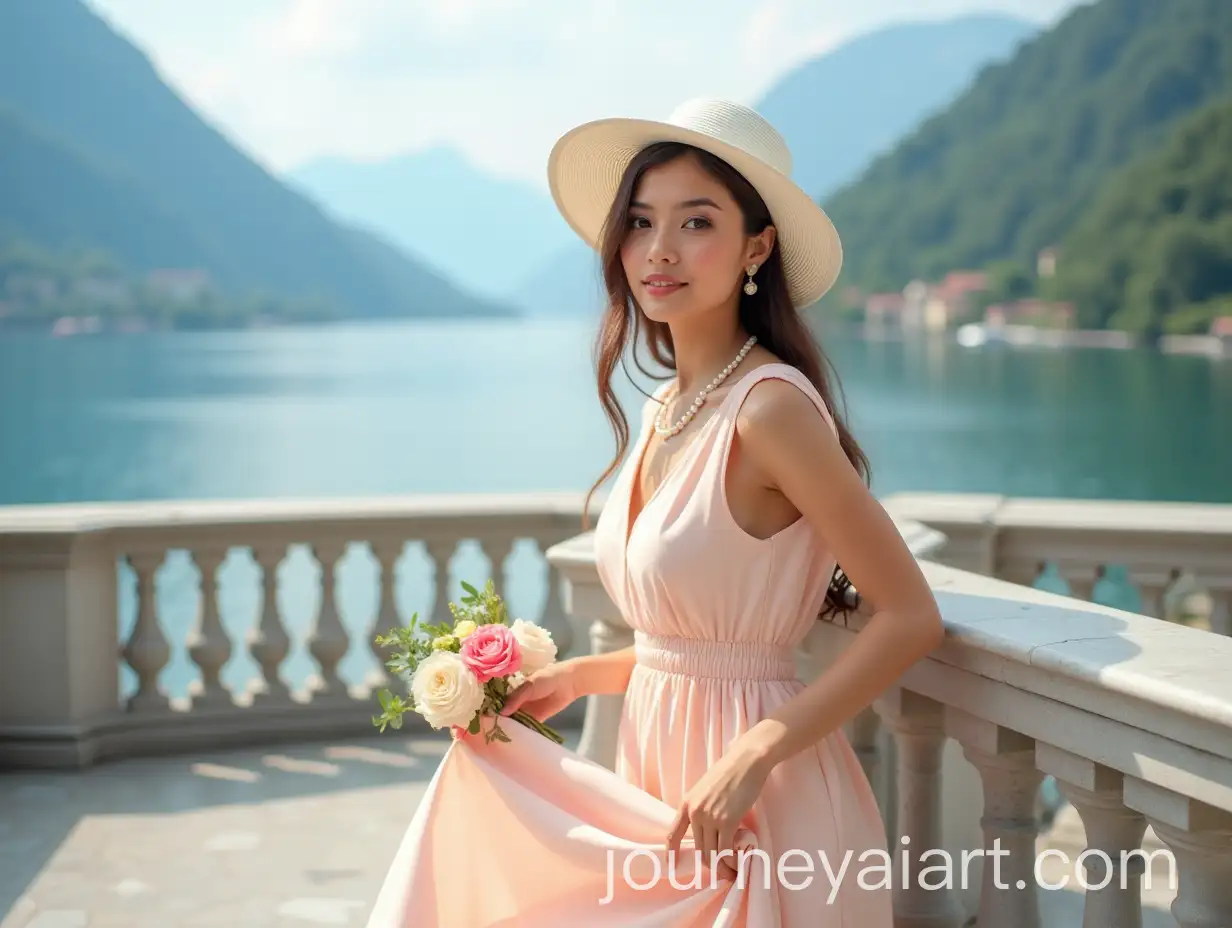 Elegant-Woman-in-Peach-Summer-Dress-with-Bouquet-on-Lake-Como-Balcony
