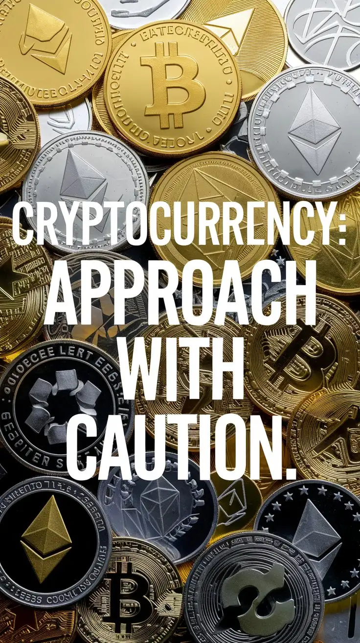 Cryptocurrency: Approach with caution. in typography with a background of money.