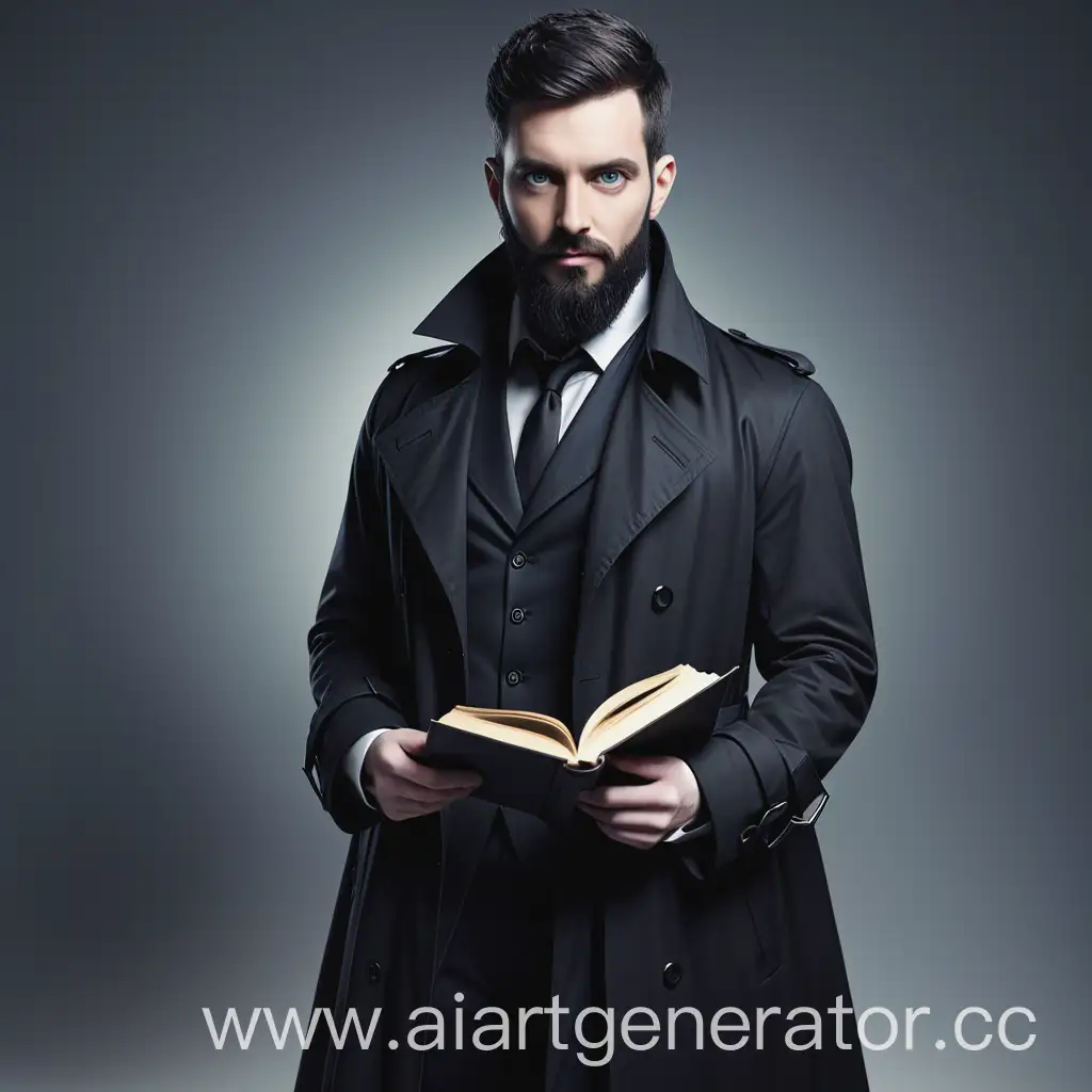 MagicianInventor-in-Black-Trench-Coat-with-Book-and-Smart-Look