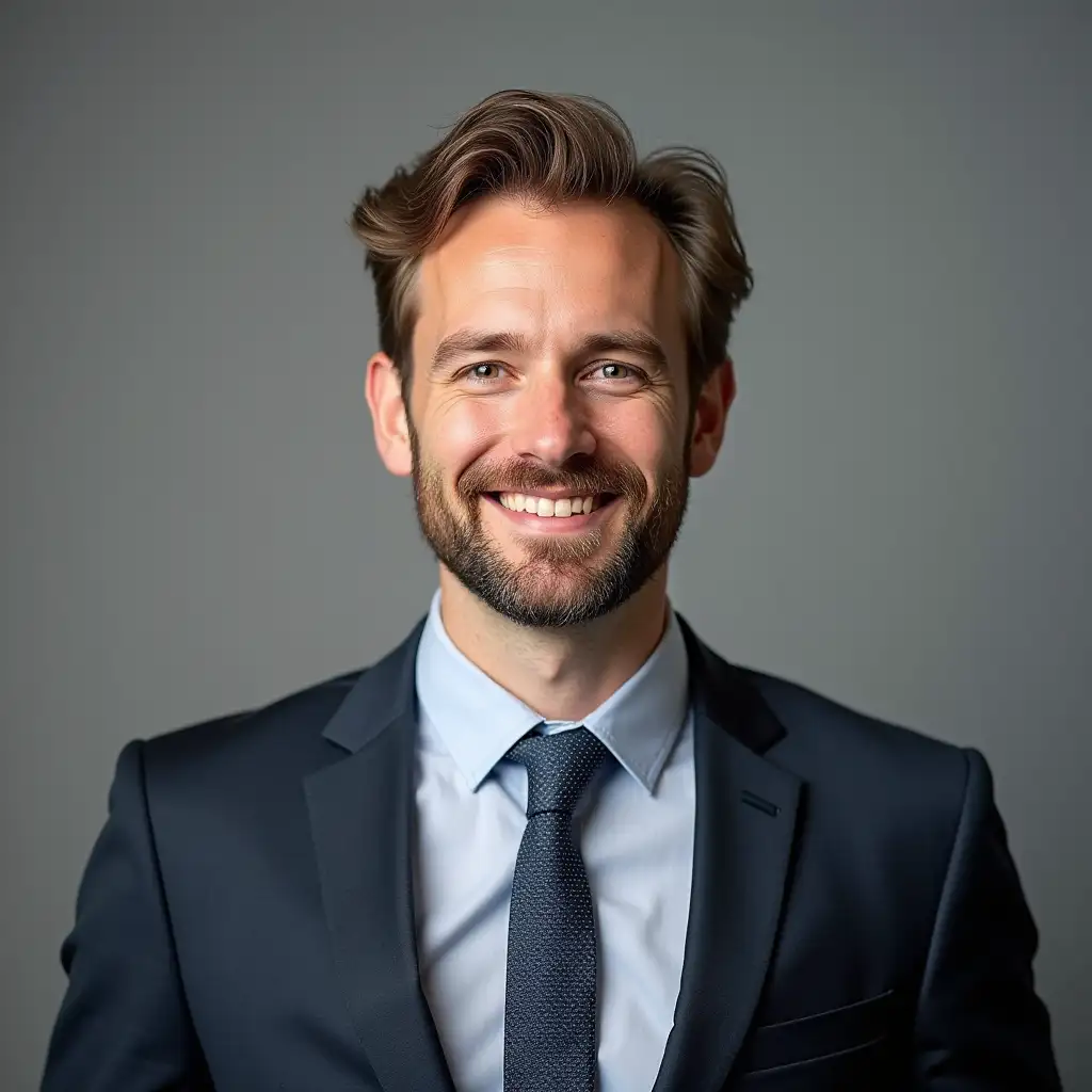 Man of 38 years old, without a beard and wearing a suit. Portrait, thin, white, joyful