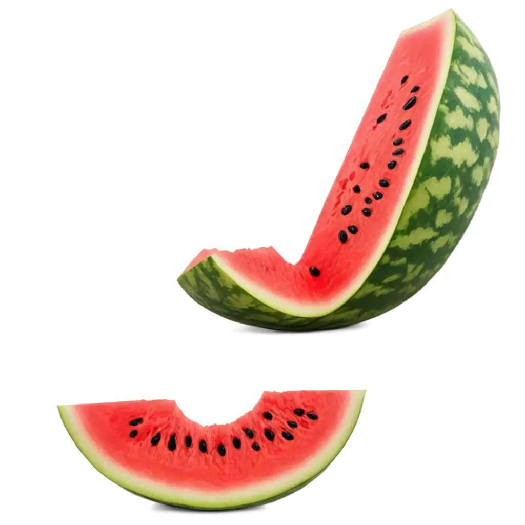 A juicy, realistic slice of watermelon with visible seeds and a fresh green rind on a transparent background