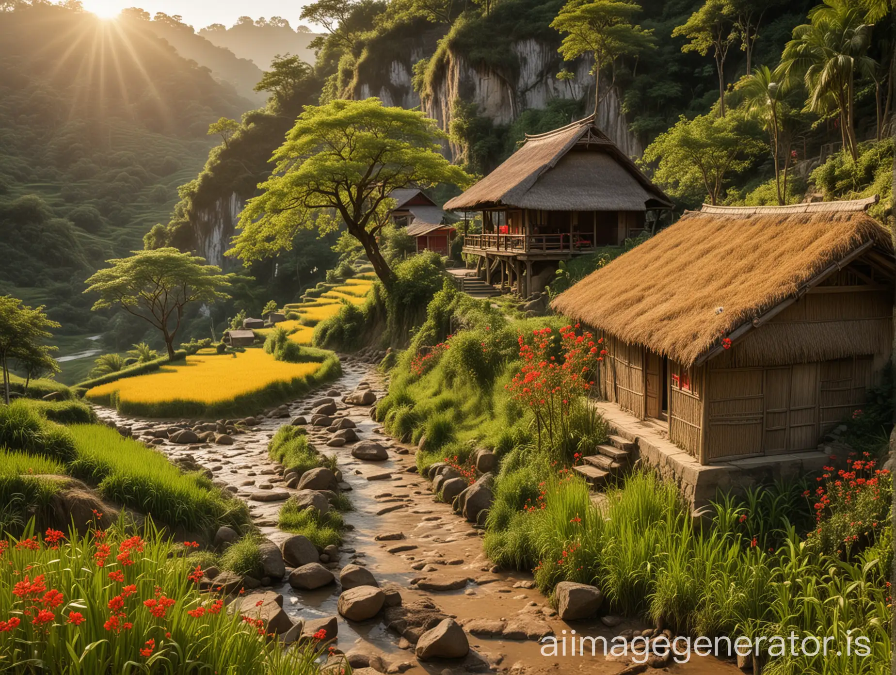 A view of terraced rice fields with golden, ripe rice plants. A waterfall with a rocky river. A dirt path next to an old hut with a thatched roof. An old flamboyant tree blooming with red flowers. The evening light. Perfect shadows.