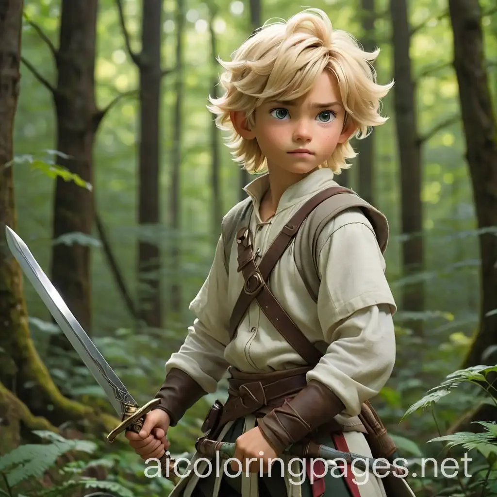 Blonde-14YearOld-Boy-in-Fantasy-Clothes-Holding-Sword-in-Forest-Coloring-Page