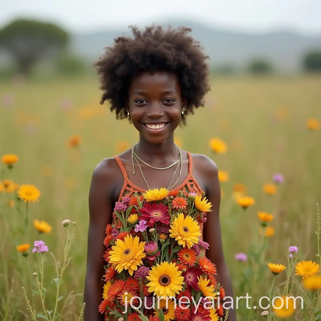 Young-African-Woman-in-Wildflower-Dress-in-African-Nature-Setting