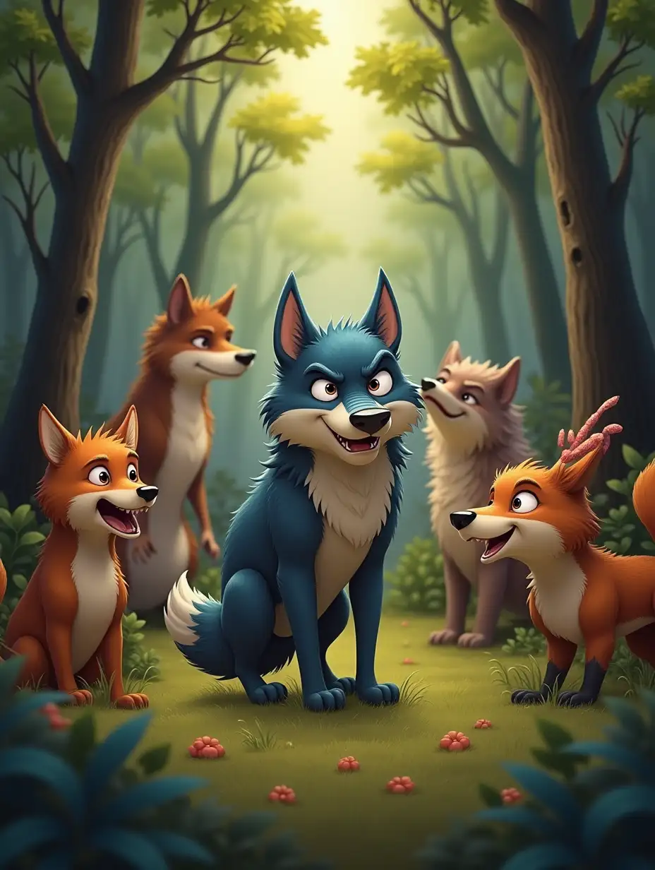 Show an angry wolf in the forest, surrounded by other animals, all celebrating and smiling, but the wolf is sad and angry.