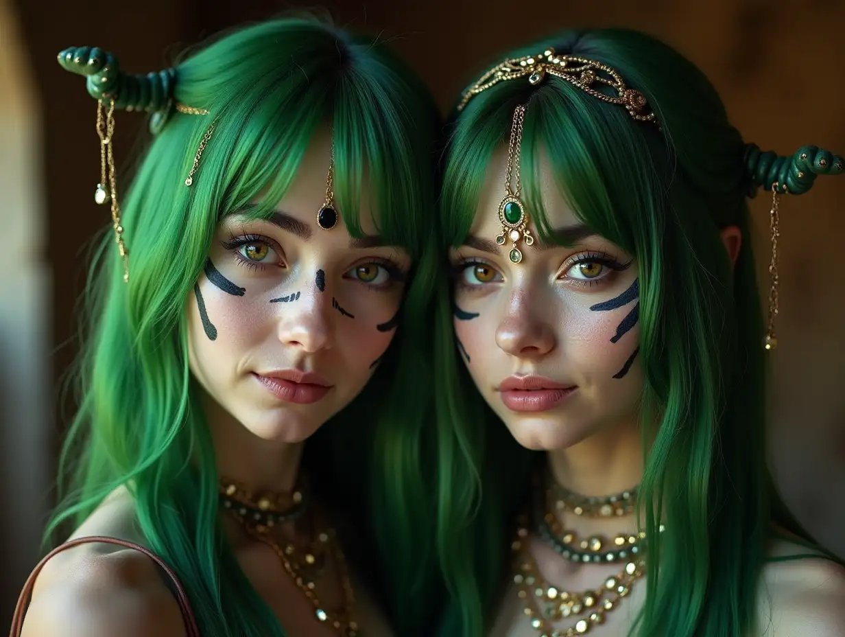 Two young black and white patternnGirls with Alien face,withngreen hair, with a slightnsmile on her face,emphasizesher smile, modern retronjewelry,in a temple much Goldndifferent shades 4k