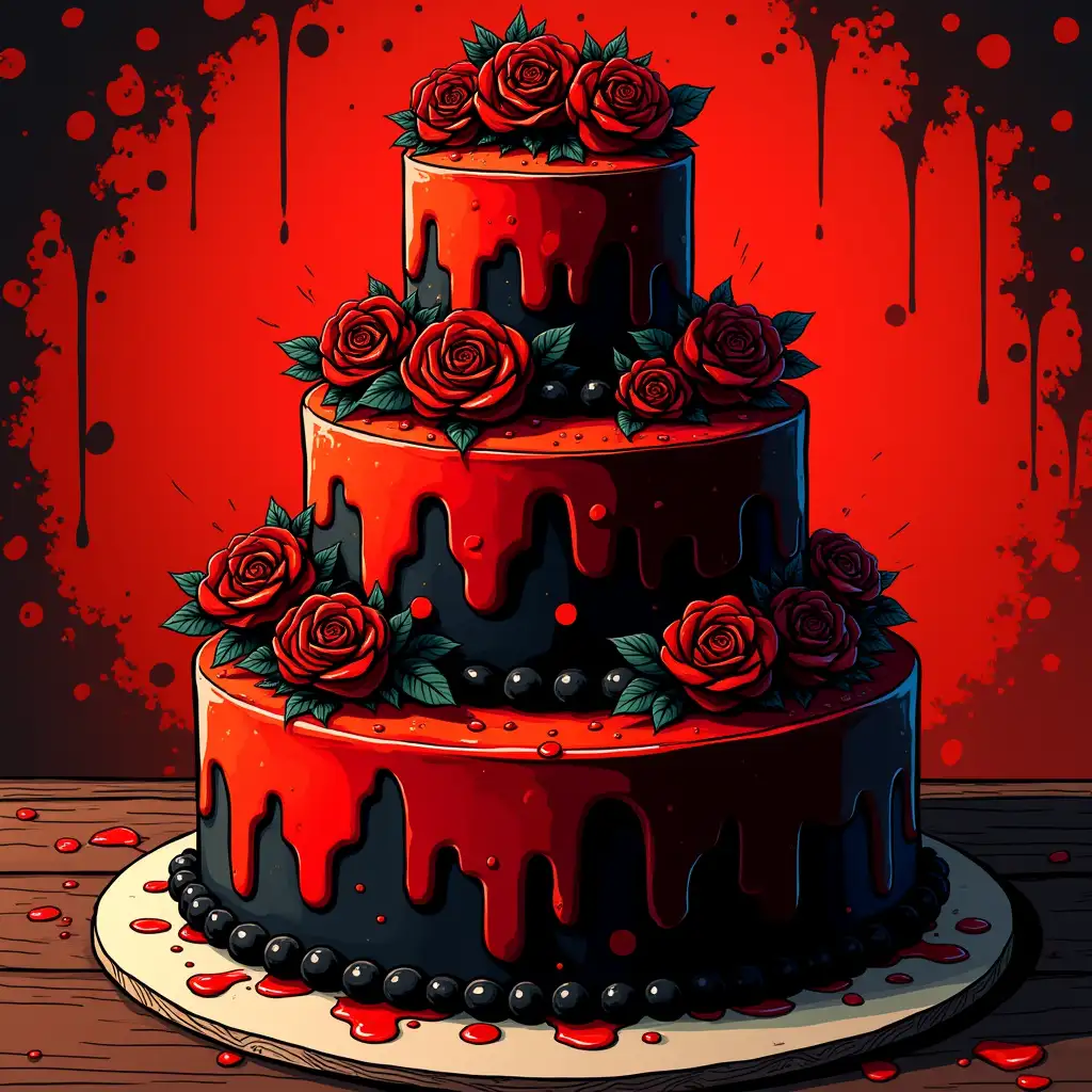 create a comic style image of a cake in red and black that pays tribute to salsa music, the cake must be red and black