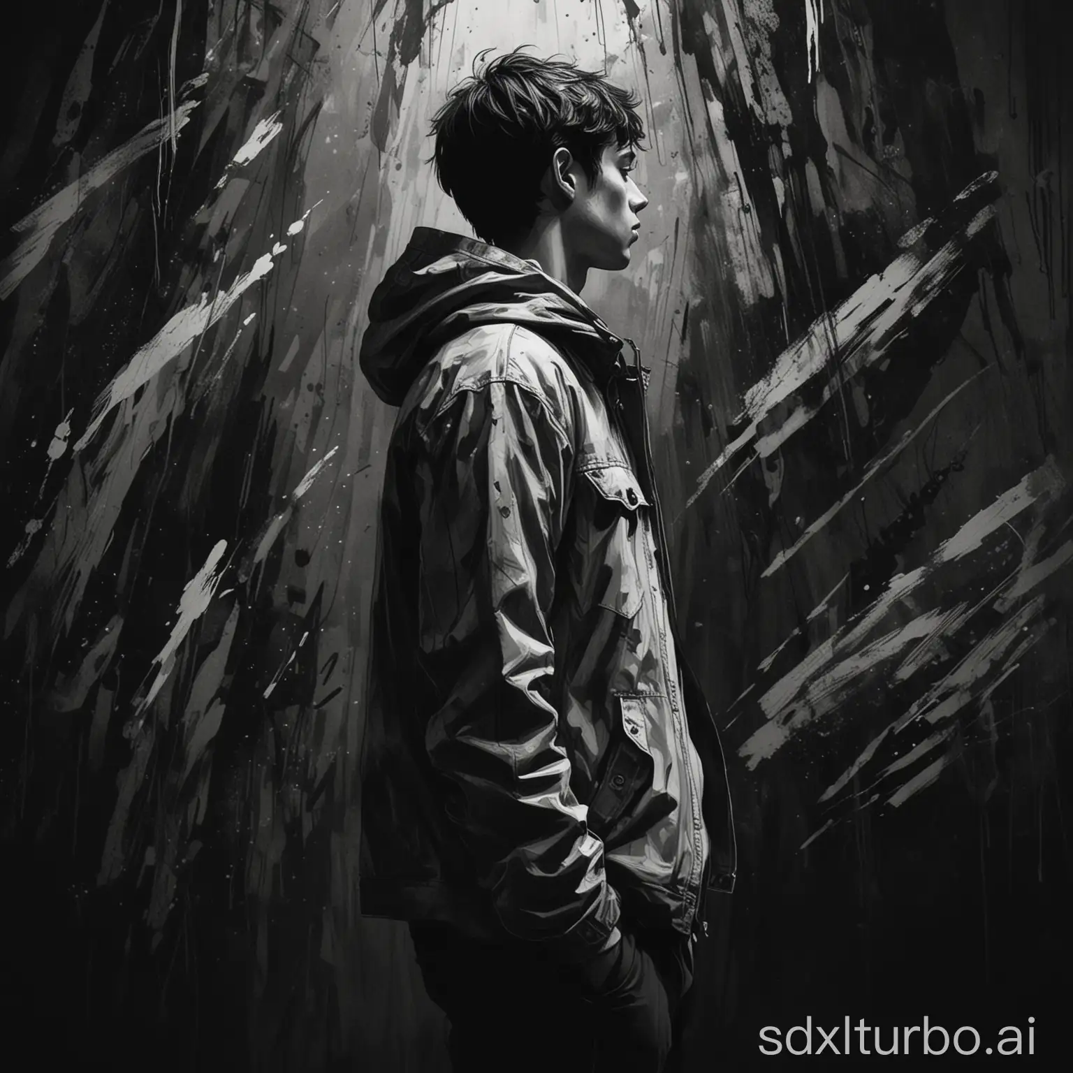Stylized-Black-and-White-Illustration-of-an-Introverted-Young-Person