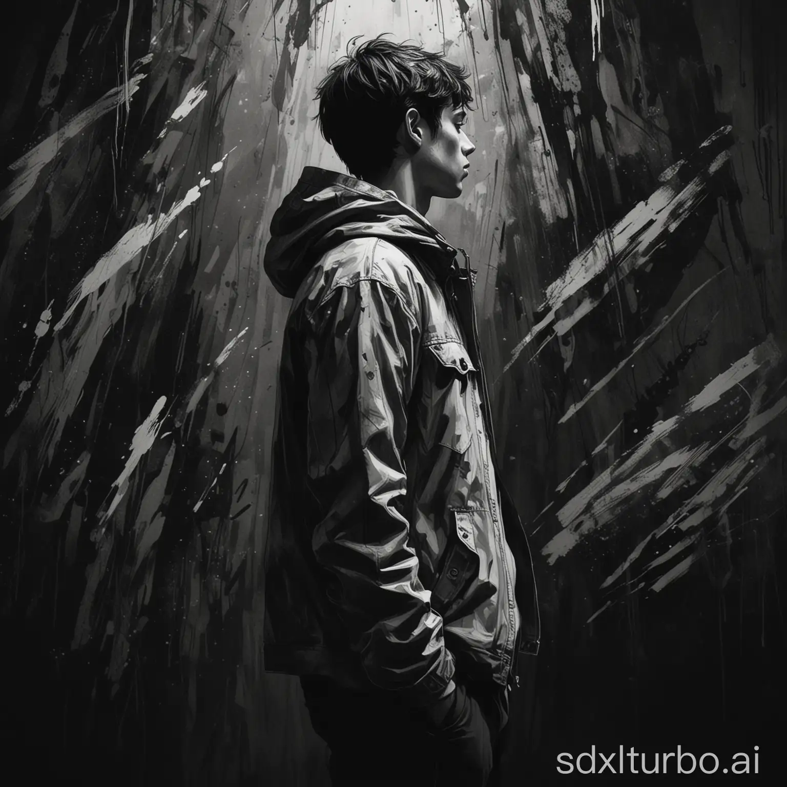 This is a stylized black and white illustration of a young person standing sideways. He is wearing a loose jacket, looking down to the left side. The background is dark with abstract brushstrokes, giving the whole scene a calm and lonely atmosphere. The lines in the illustration are fluid, details are simple yet expressive, emphasizing the introverted and contemplative nature of the character.