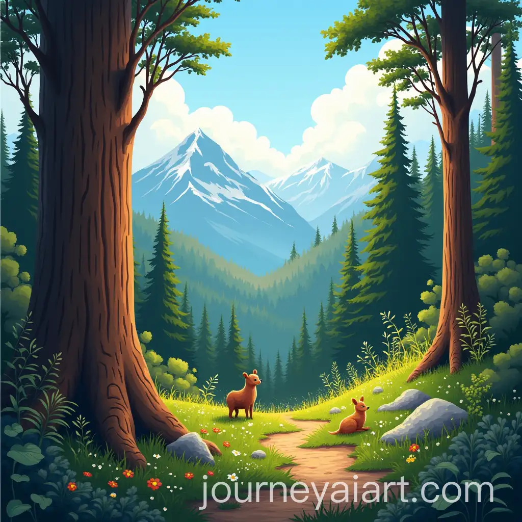 Forest-Animals-Observing-Junjuhr-with-Redwood-Trees-and-Mountain-Background