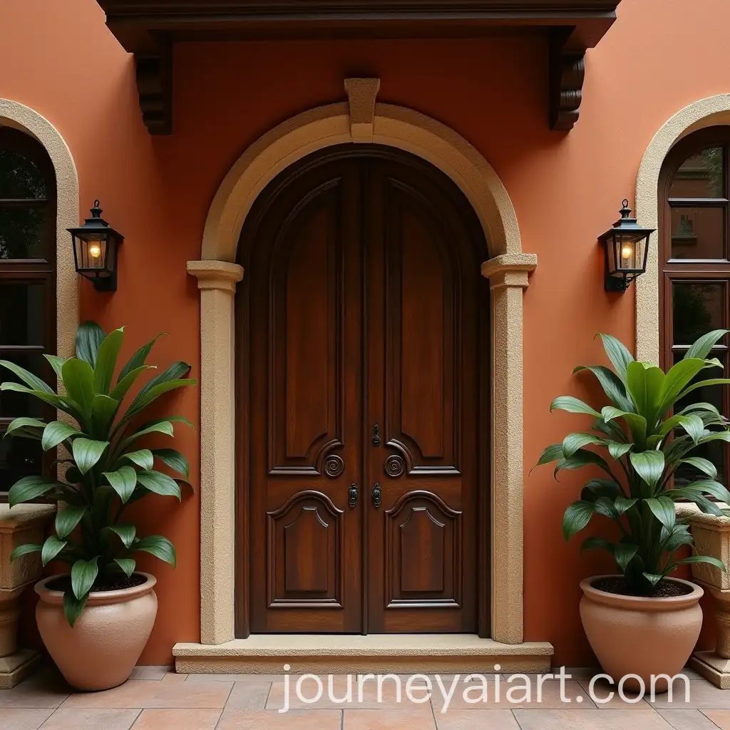 Mediterranean-Restaurant-Entrance-with-Earthy-Tones-and-Oval-Door