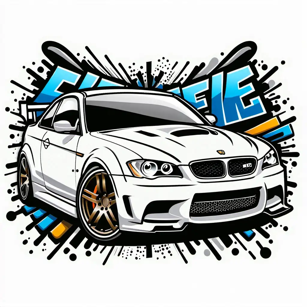 cool modified  car with a graffiti background , Coloring Page, black and white, line art, white background, Simplicity, Ample White Space. The background of the coloring page is plain white to make it easy for young children to color within the lines. The outlines of all the subjects are easy to distinguish, making it simple for kids to color without too much difficulty