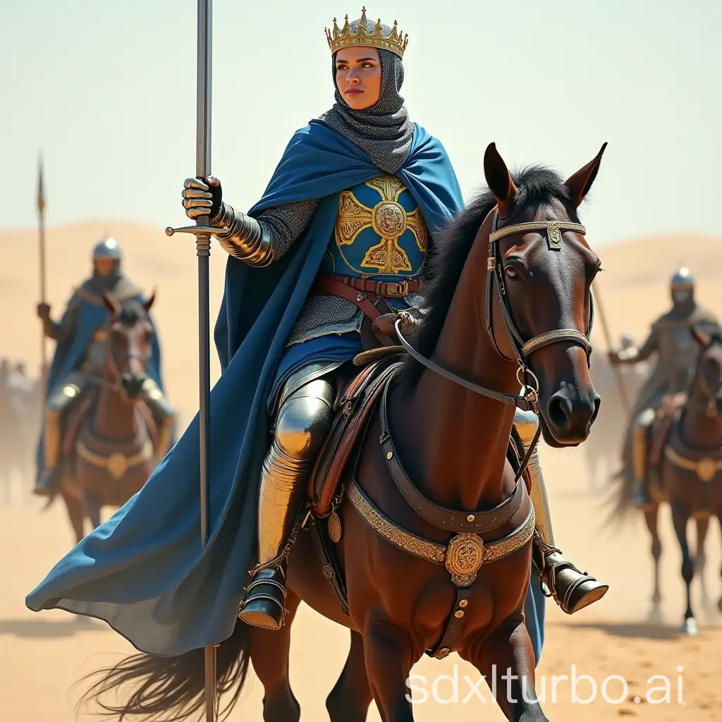 Beautiful German female knight, queen of the Kingdom of Jerusalem, dressed in a long blue cloak, plate gloves, plate boots, balaclava, helmet with a golden crown, in her right hand a combat spear, on her belt hangs a sword in a beautiful golden scabbard, in her left hand a shield with a painted Jerusalem cross, on the chest of a woman embroidered with golden threads Jerusalem cross, a woman on horseback, full-length, in the desert, a female knight-queen fights with a sword with Saracen horsemen