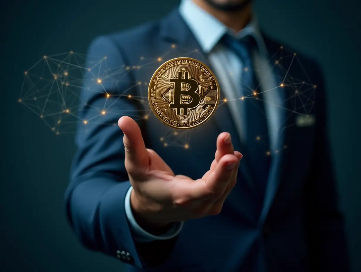 a professional image of bitcoin technology being integrated into the business world