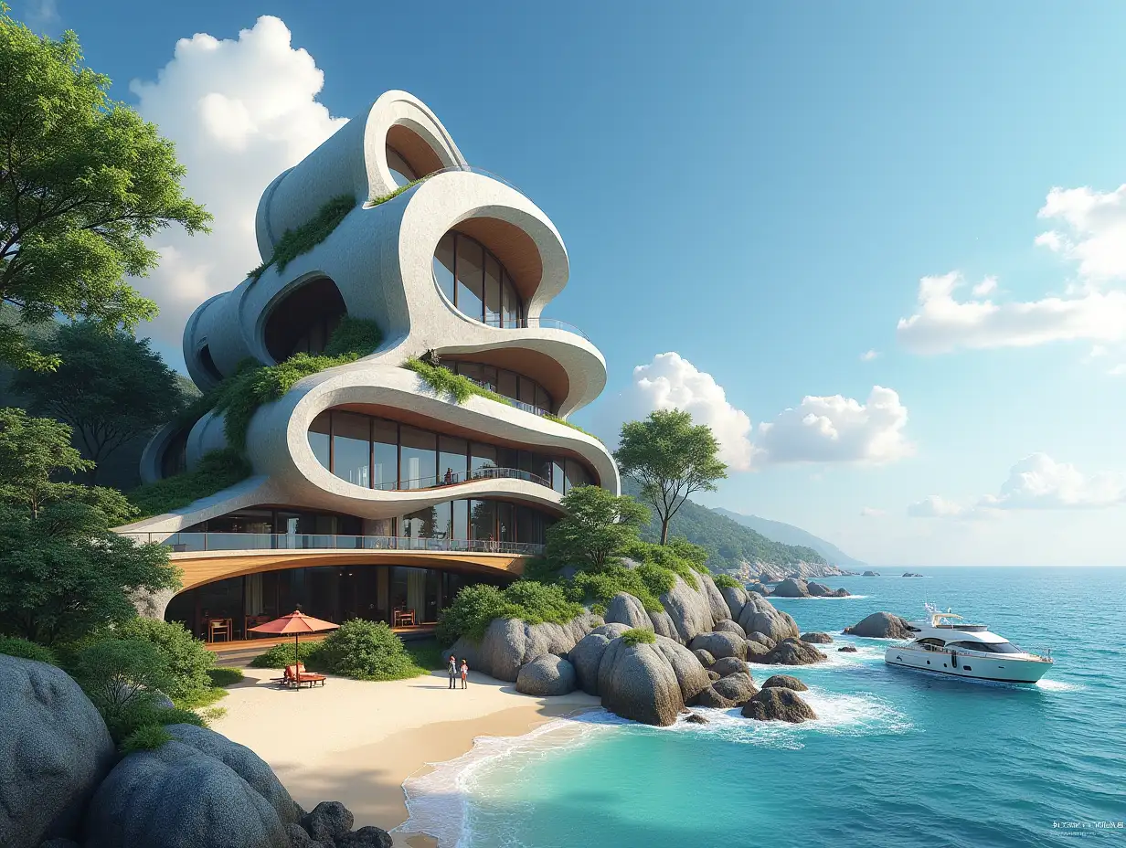 Create a high-resolution, realistic panorama image of a futuristic terrace building with snail-house windows with bridge, a yacht and a small beach with people, many plants and grey and brown facades with sea with waves, big trees, blue sky